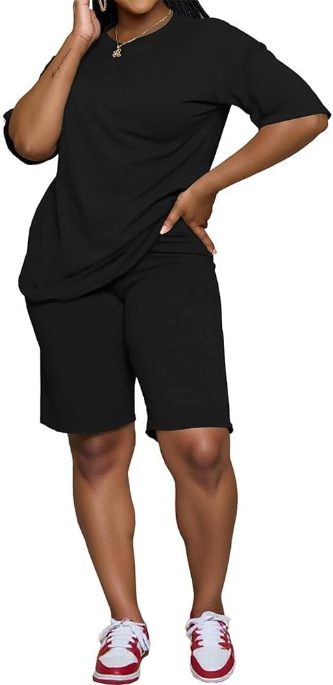 PINSV 2 Piece Sets for Women Summer Casual Short Sleeve Top and Short Workout Jogger Sets - Image 4