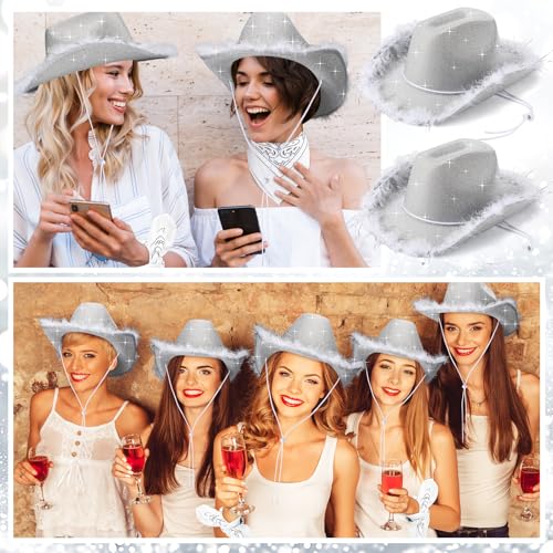 Image of Coume 12 Pcs Sparkly Adults Cowboy Hat and Bandanas Women Men Western Glitter Cowgirl Party Hats with Adjustable Drawstring