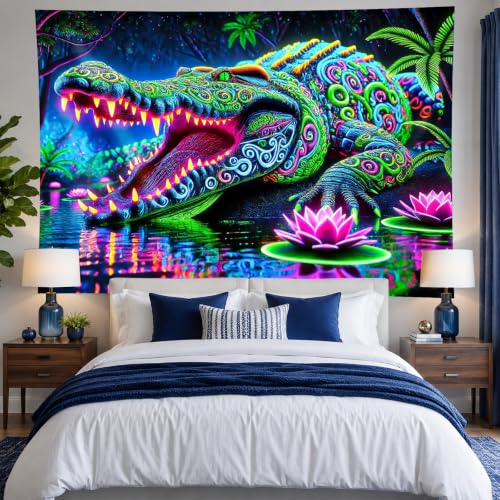 Image of BlissYard Blacklight Tapestry 78x59 Inch Neon Alligator Wall Hanging Glow in the Dark Trippy Jungle Blacklight Tapestry for Game Room Bedroom Lounge Dorm Wall Decor Psychedelic Poster