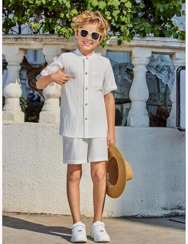 Image of Arshiner Boy's 2 Piece Beach Outfit Short Sleeve Textured Button Down Shirt and Short Sets Summer Vacation Wear 4-12 Years