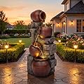 Autodaya 31.5" H Outdoor Water Fountain with LED Lights and Pump, Cascading Pitchers Farmhouse Garden Fountain Waterfall for Patio, Porch, or Yard