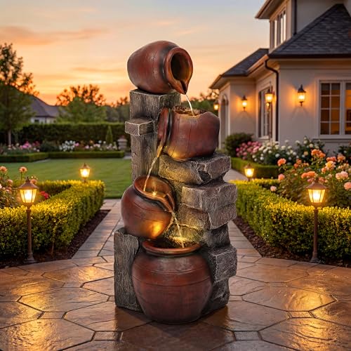 Autodaya 31.5' H Outdoor Water Fountain with LED Lights and Pump, Cascading Pitchers Farmhouse Garden Fountain Waterfall for Patio, Porch, or Yard