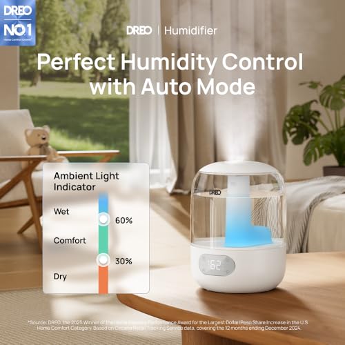Dreo Humidifier for Bedroom with Sensor, 26dB Quiet Cool Mist Ultrasonic Humidifiers for Home, 360° Nozzle, 30H Runtime, Ambient Light Indicator, Essential Oil Diffuser, Room, Plants, Nursery, White