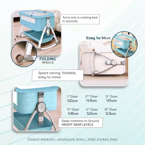 Image of Premium 6-in-1 Baby Bedside Cot, Crib, Cradle Portable All-Mesh Bassinet with Multi-Purpose Tray,Wheels, Storage Basket, and 6 Height Adjustments, for Newborns- SkyBlue | Breathable Cloth