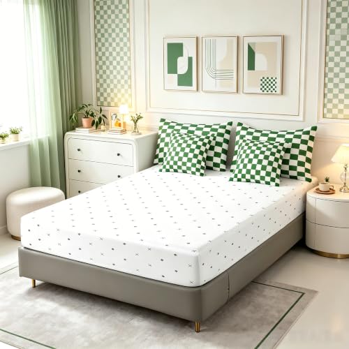 Image of Feelyou Checkered Retro 7 Piece Bedding Set Teen Women Men Green White Plaid Comforter Set with Sheets Twin Size Kids Boys Geometric Vintage Bed in a Bag Modern Simple Groovy Aesthetic Room Decor