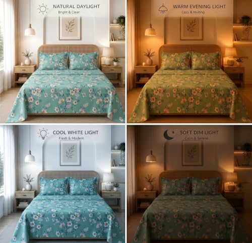 Image of HOMEKART Glace Cotton 160 TC Leaf Printed Double Bedsheet with 2 King Size Pillow Covers | Soft & Durable | 86 x 88Inches (Green & White)