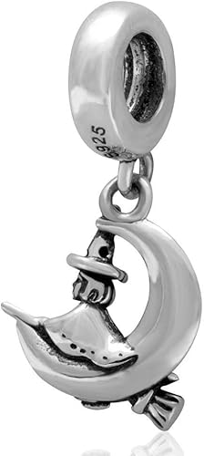 Abalorio de bruja de plata de ley 925 con diseño de escoba para Halloween, colgante de luna para pulsera