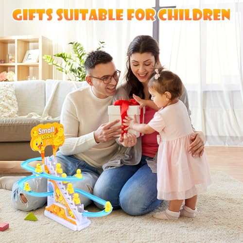 Tutamaz 12 Stück Elektrische Ente Treppensteigen Spielzeug, Enten Achterbahn, Duck Climbing Stairs Toy,Pädagogisches Spielzeug mit blinkenden Lichtern und Musik EIN-/Ausschalter
