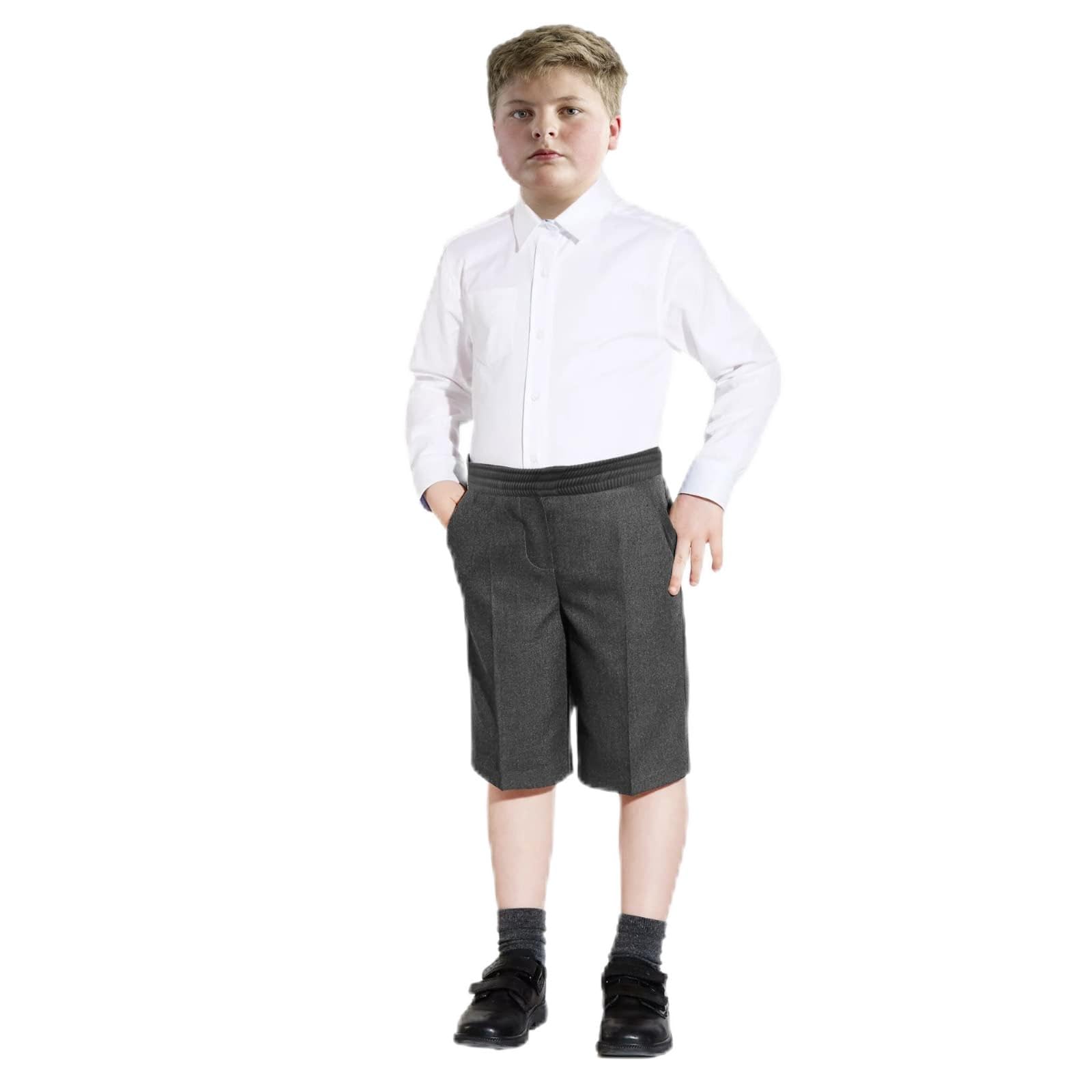 INSAFIANS Pantalones cortos escolares para niños, medio elástico en la parte posterior (sin cremallera ni clip), pantalones cortos grises