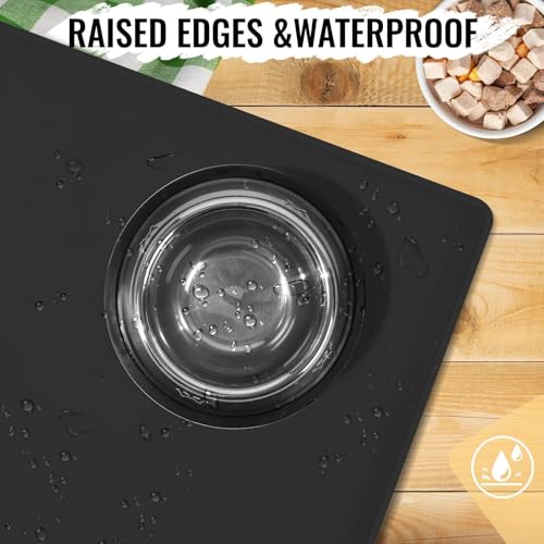 MateeyLife Dog & Cat Food Mat for Floors Waterproof, Nonslip Dog Bowl Mats for Food and Water, Dog Feeding Mats with Raised Edges, Silicone Cat & Dog Water Matt Tray for Messy Drinkers, 18\"x12\", Black