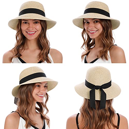 Summer Womens Hats With Brim Straw Boho Hats For Women Crushable Sun Hats For Women Women's Gardening Hats With Brim Packable Beach Hat With Lanyard Beige White #TOP1