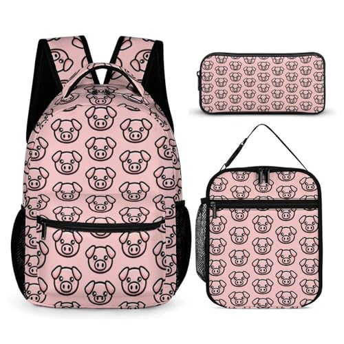 Pig Backpack with Lunch Box & Pencil Case, 16 Inch Cute Pig Bookbag for Kids Girls Boys School, School Backpack for Students Children, Lightweight, Large Capacity
