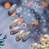 Colorful Star Nail Stickers 5D Embossed Nail Art Decals Self-Adhesive Heart Five-Pointed Star Nail Art Stickers Summer Nail DIY Supplies Decorations for Women and Girls (1 Sheet)