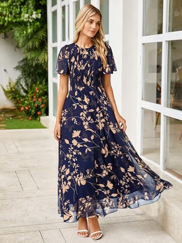 Image of Simplee Womens Casual Floral Summer Maxi Dress 2026 Boho Flowy Short Sleeve Crew Neck Vacation Smocked Chiffon Dresses