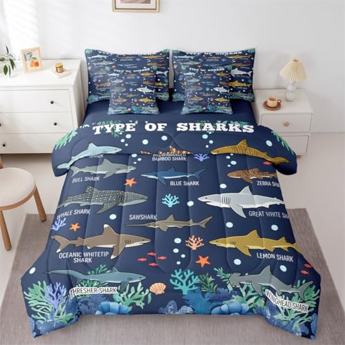 Feelyou Sharks Comforter Set Full Size 7 Piece for Kids Boys Girls