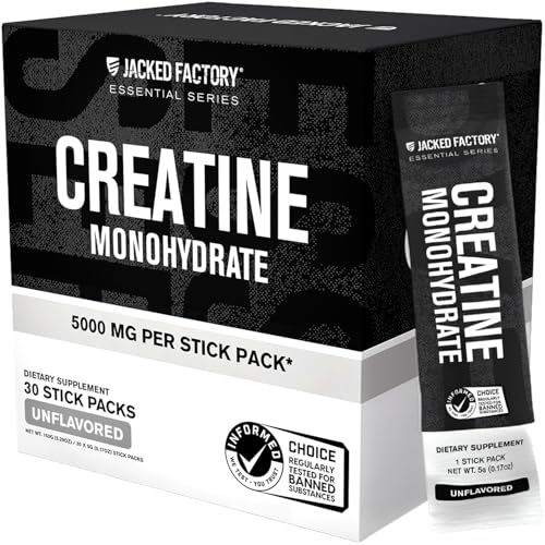 Image of Jacked Factory Creatine Monohydrate Stick Packs 150g - 5g Daily Creatine Supplement for Men and Women, Vegan-Friendly, Third-Party Tested - 30 Servings, Unflavored