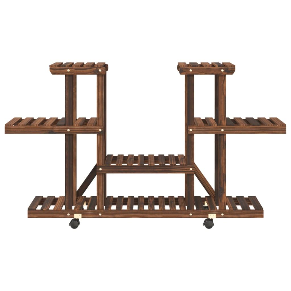 SYDE Supporto per fiori con ruote, in legno di abete, 110 x 25 x 78 cm | Carbonizzato artigianale, resistente all'umidità, ruote a 360 gradi, scaffale per piante e decorazione