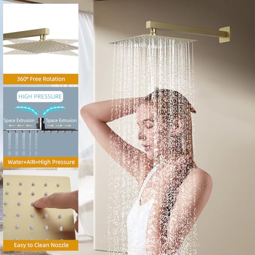 Grifo de ducha moderno con sistema de ducha lluvia de 10 pulgadas y combinación de ducha de mano, accesorios de ducha de 2 funciones con kit de revestimiento, dorado cepillado miniatura 3