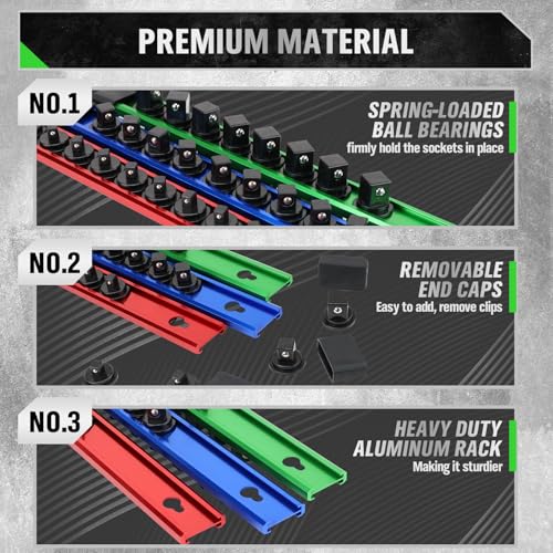 Image of 6-piece Socket Organizer Storage Set, 1 /4-Inch, 3 /8-Inch, 1 /2-Inch Double Sided Aluminum Alloy Socket Holder Rail, Drive Socket Trays Holds 108 Sockets, 360 Swivel Clip Socket Holder Kit for Tool Box
