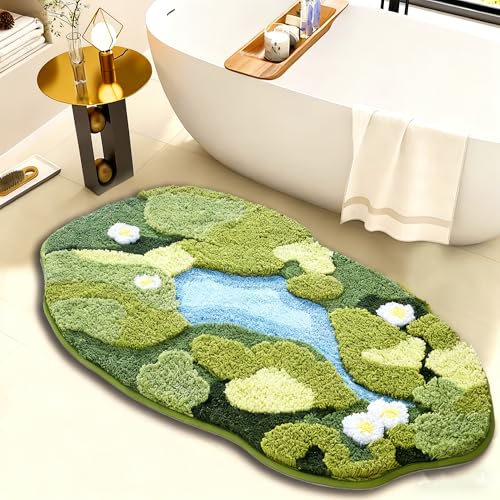 ORTHOMTEX 3D Moss Bath Mat Bathroom Rug | Moss Green Oval (20x32)