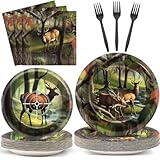 Hunting Camo Party Plates Napkins Deer Hunting Dinnerware Hunter Camo Themed Birthday Party Tableware Set Disposable Forks Dessert Supplies for Outdoor Tournament Events Family Picnic Decors Serves 24
