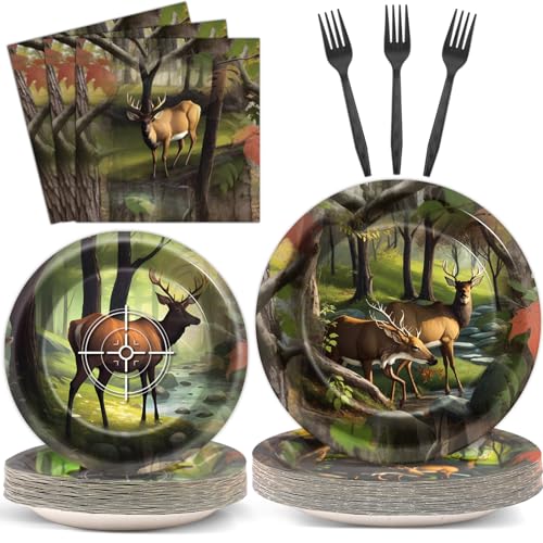 Hunting Camo Party Plates Napkins Deer Hunting Dinnerware Hunter Camo Themed Birthday Party Tableware Set Disposable Forks Dessert Supplies for Outdoor Tournament Events Family Picnic Decors Serves 24