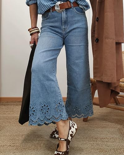 Women's High Waisted Flare Jeans Stretchy Wide Leg Loose Trendy Raw Hem Cropped Denim Pants3