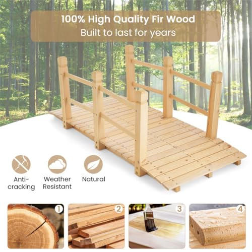 NAICKUC 5 ft Garden Bridge Wooden Bridges for Outdoors, Classic Arch with Safety Rails Stained Finished Footbridge, Garden Decor Pond Landscaping, Creek or Far, Backyard Decoration, Wood