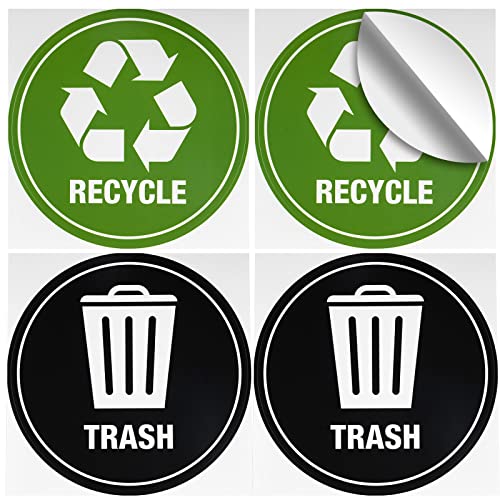 GSM Brands Recycle Trash Labels Pack of 4 Stickers, Large Vinyl Decals for Can Featuring Recycling Symbol and Trash Icon