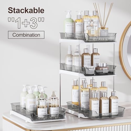 Delamu 2 Sets of 2-Tier Multi-Purpose Bathroom Under Sink Organizers and Storage, Stackable Kitchen Pantry Organization, Pull Out Medicine Cabinet Organizer with 8 Movable Dividers, Grey