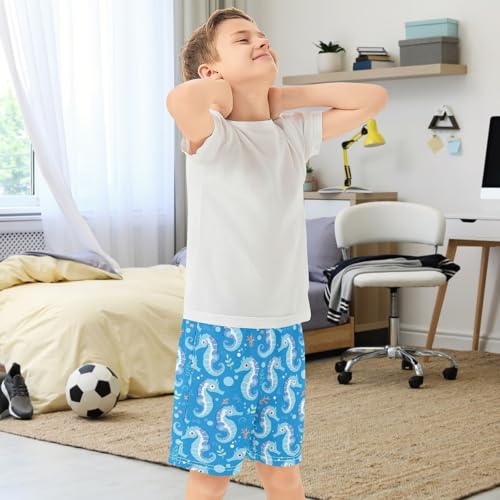 Boys Athletic Shorts with Pockets Blue Cartoon Seahorse Running Basketball Shorts for Youth Elastic Waist Size 7-83
