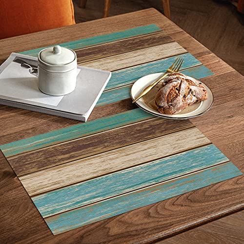 13X19 Inch Farmhouse Placemats Set Of 4 Pcs, Heat-Resistant Non-Slip Pvc Dinning Table Mats Kitchen Table Mats, Retro Wood Grain Green And Brown Stripes Vinyl Placemats For Kids Party Dining Decor #TOP2