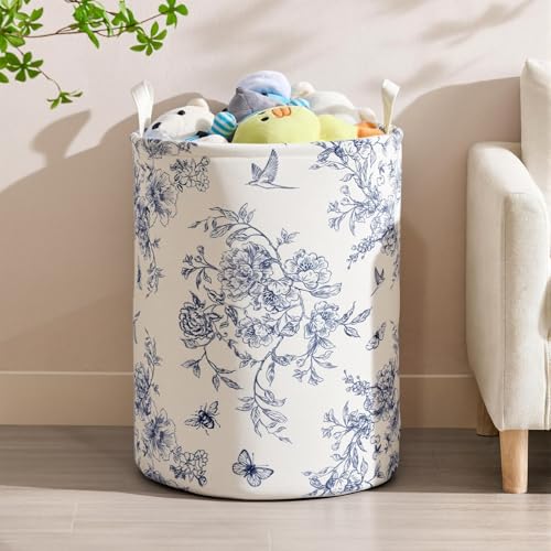 Image of 2Pcs Blue Floral Laundry Basket Cute Girls Nursery Hamper Kids Baby Flowers Room Decor Foldable Oxford Cloth Funny Tote Clothes Storage Bucket Organizer For Bedroom (Floral)