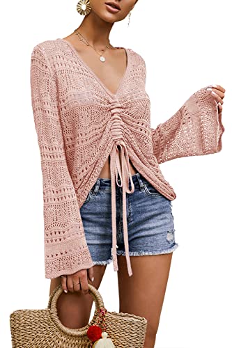 Image of Saodimallsu Womens Boho Off Shoulder Sheer Crop Tops Bell Sleeve Flowy Oversized Crochet Ruched Pullover Sweaters