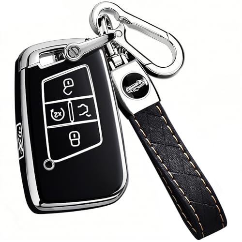 Montague Key Fob Cover for Volkswagen with Keychain, Premium TPU Key Case Compatible with VW Tiguan Atlas Taos SEL Jetta GLI Passat Arteon Remote Start Protector（5 Buttons Black）