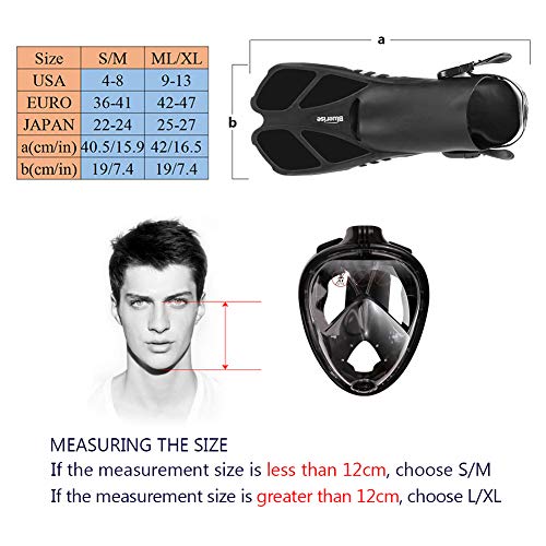 BLUERISE Snorkel Set Antifog Adult Full Face Diving Mask with Adjustable Swim Fins Anti-Leak Snorkeling Scuba Gear Snorkel Mask for Kids Diving Fins - Thumbnail 3