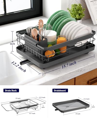 Kitsure Dish Drying Rack for Kitchen Counter, Stainless Steel Sink Organization and Storage Essentials with Cutlery Holder, Home and Appartment Decor, 12.2''W x 15.7''~23''L, Grey