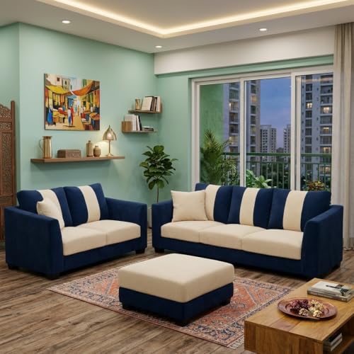 Image of Revo Plush Comfort Sofa Set | 3 Seater + 2 Seater with Ottoman | Luxury Velvet Suede Fabric | Modern Living Room Sofa | Dark Blue - Cream