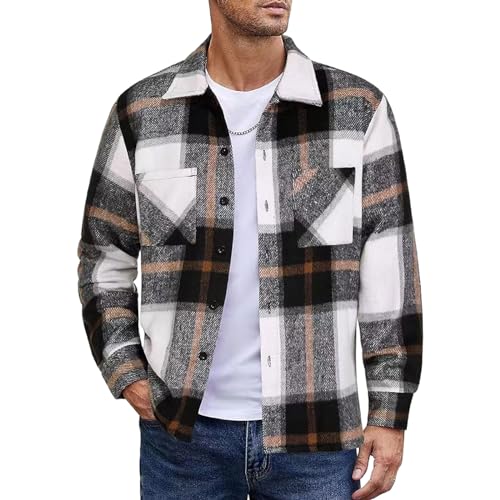 MakingDa Mens Flannel Shirt Long Sleeve Warm Thick Checked Shirt Button Down Casual Winter Plaid Shirts with Pockets Regular Fit Lapel Collar Check Shirt Jacket Smart Casual Work Shacket Grey M