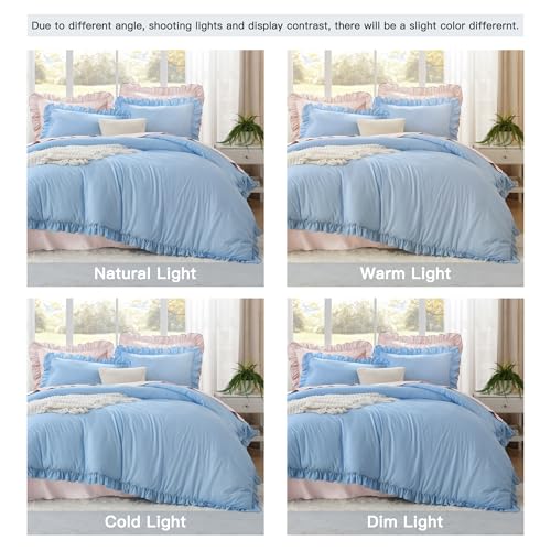 Image of Litanika Light Blue Full Size Comforter Sets, 3 Pieces Ruffle Farmhouse Aesthetic Bedding Comforter Sets, All Season Soft Lightweight Fluffy Microfiber Bed Set(79x90In Comforter, 2 Pillowcases)