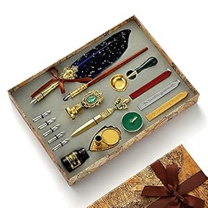 THECLOUDMALL Calligraphy Pen Ink Wax Seal Stamp Gift Set Feather Pen Ink Set Includes Feather Dip Pen Replacement Nibs,3 Wax Seal Sticks,Pen Nib Base,Seal Stamp, Spoon (Calligraphy Pen (Blue))