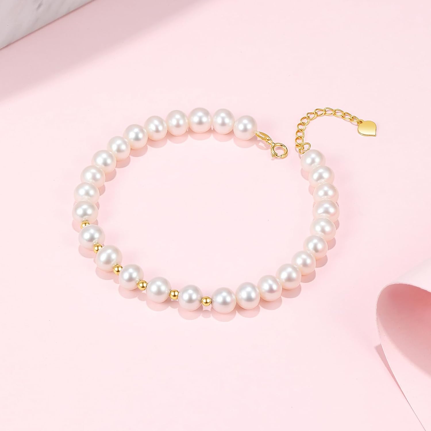18kt Gold Bracelet for Women, 18K Gold Freshwater Pearl Bead Bracelet Dainty Jewelry Fashion Yellow Gold Bead Link Bracelet for Girlfriends