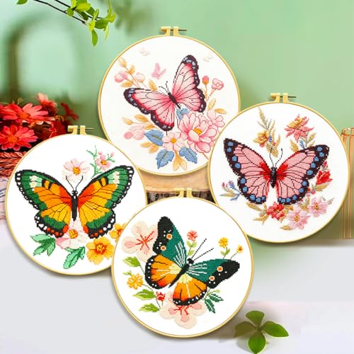 Image of Zhenqing 4 Butterflies Cross Stitch Kit for Beginners, 11CT Printed 20x20cm with Hoop, Floral Butterfly Embroidery Set(68093)