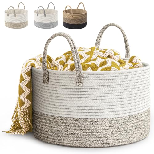 Rieeyrslza Corbeille à Linge en Coton Tissé D40 x H25 CM Panier de Rangement en Corde de Coton 32L Pliage Grande Capacité Corbeilles à Linge Avec Anse Convient à la Décoration Intérieure (Marron)