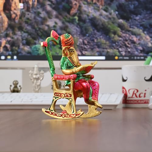 Image of KridayKraft Metal Chair Ganesh ji Reading Book with Meenakari Work,Ganesha Metal Statue for Pooja & Home, Office Decor, Car Dashboard Religious Showpiece for Decoration & Gifting Article