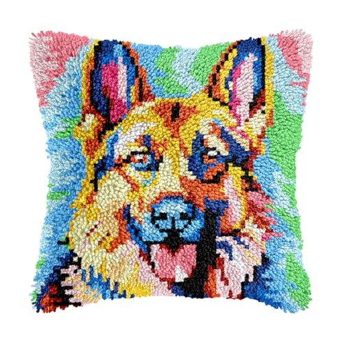 Image of bositigo Dog Latch Hook Pillow Kit for Adults & Kids, DIY Pre-Printed Canvas Craft, 17x81 Inch Decorative Cover for Sofa Cushions, Bedroom Decor (Dog Pattern 65)