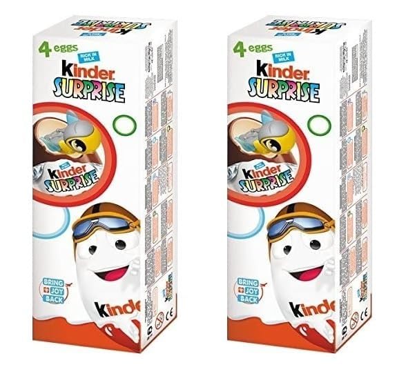 Kinders Surprise Milk Chocolate Egg Lined With a Layer Of Sweet Milk-Flavoured Cream, Contains a Small Surprise Toy 4 Count, Pack of 2