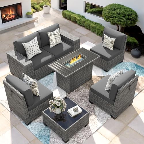 VONZOY 7 Piece Patio Furniture Set with Fire Pit Table,