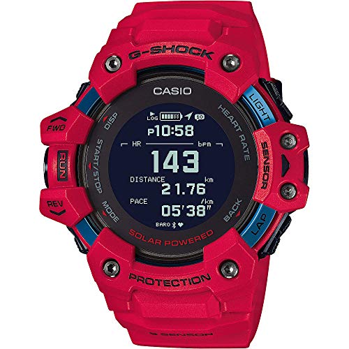 Casio Herren Solar Smartwatch, 55.00mm GehäusegröÃŸe mit Black digital Zifferblatt und rot Resin Armband GBD-H1000-4ER