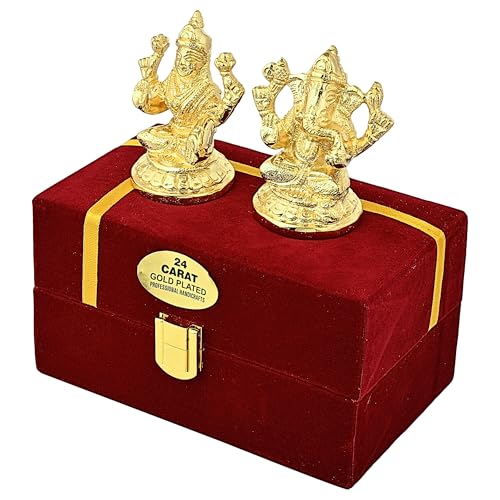 Image of 24K Gold Plated Brass Laxmi Ganesh Idol, Murti for Mandir & Decor Diwali Gift, God Statue for Home Temple Pooja, Office Car Dashboard, Wedding Anniversary & Corporate Gift, Housewarming- 3 inch, 480gm